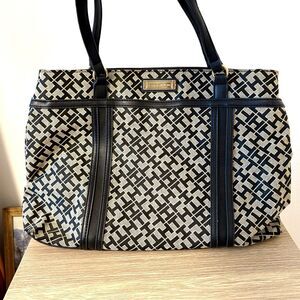 Tommy Hilfiger Black and Beige Monogram Tote Bag, Purse, Preppy Chic Handbag